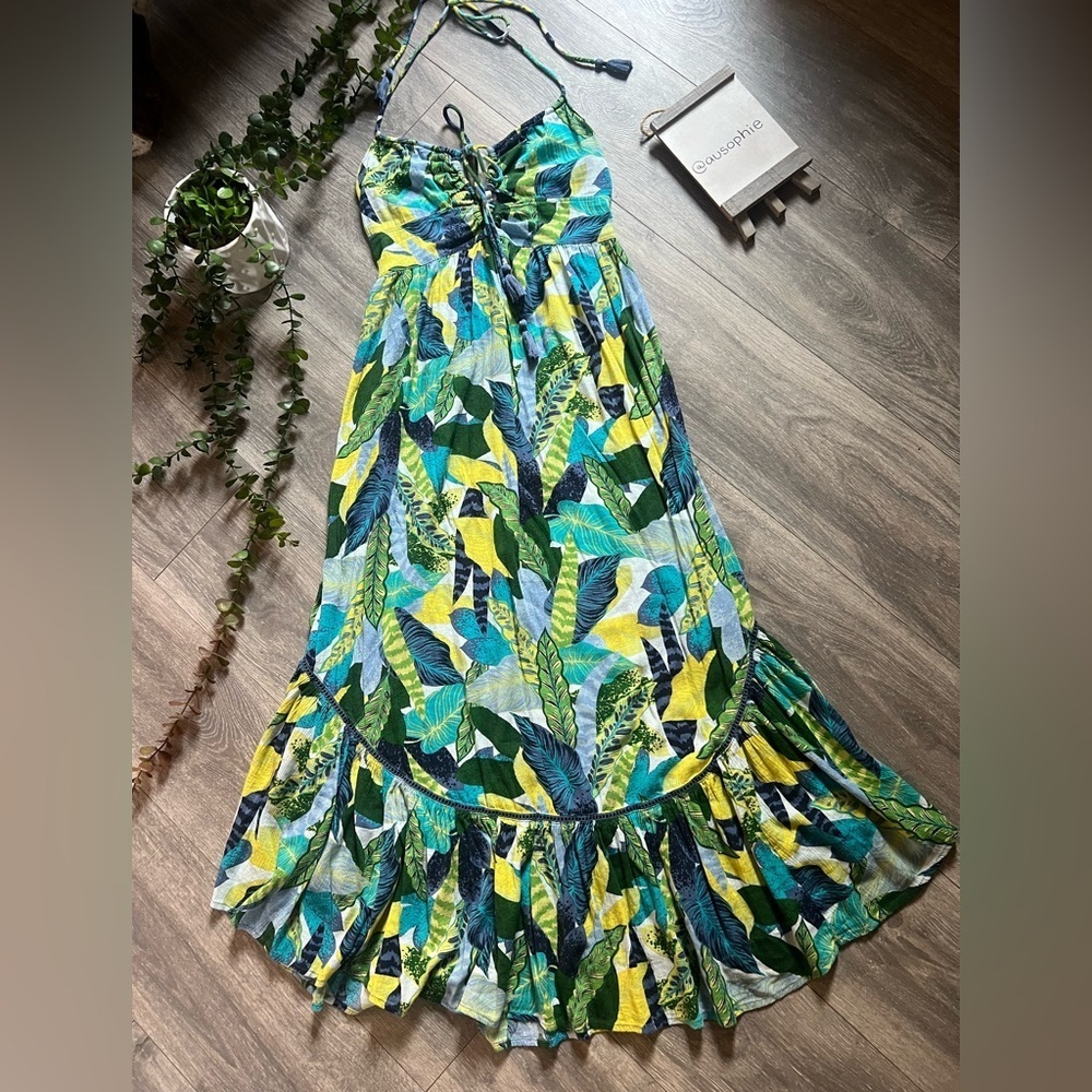 Aerie Tropical Paradise Beach Palm Print Halter Cut Out Maxi Midi Sundress. Sz S